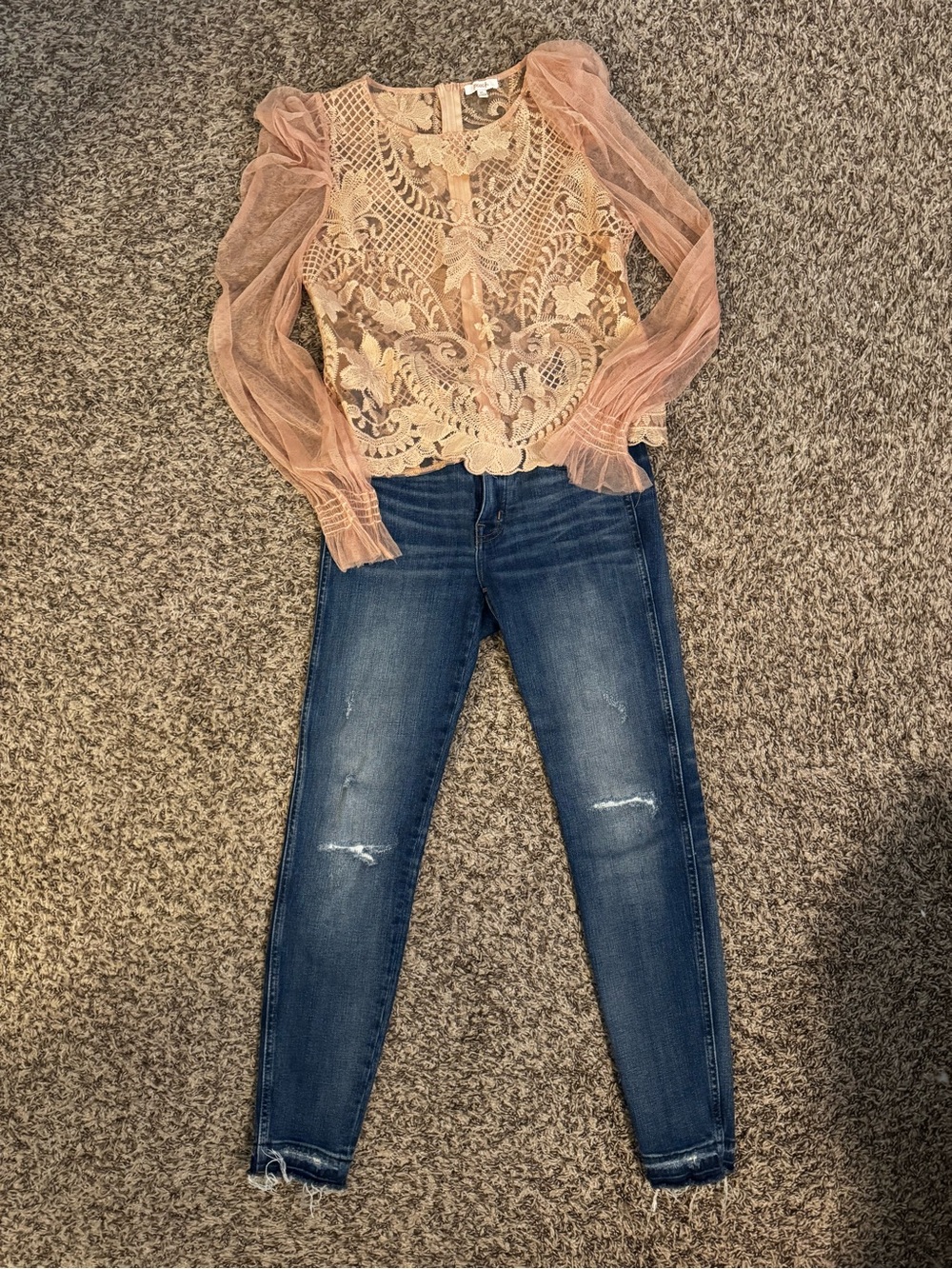 Sheer Lace Blouse in Blush & Denim Jeans Outfit